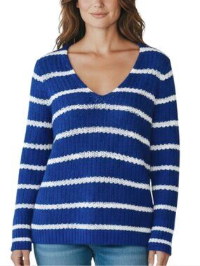 Banana Republic Sweater Womens M Blue White Stripe Rib Knit V Neck Nautical